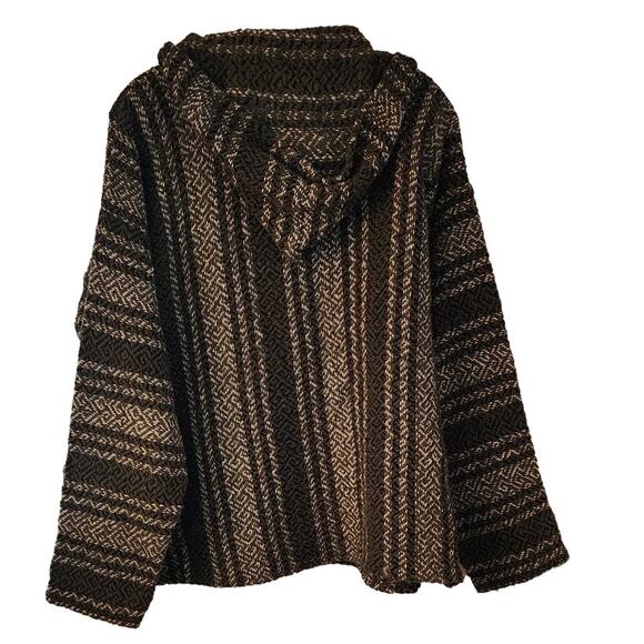 Mexican Baja Woven Hippie Cozy Pullover V-Neck Hooded Ties Front Pockets Poncho - Picture 4 of 4